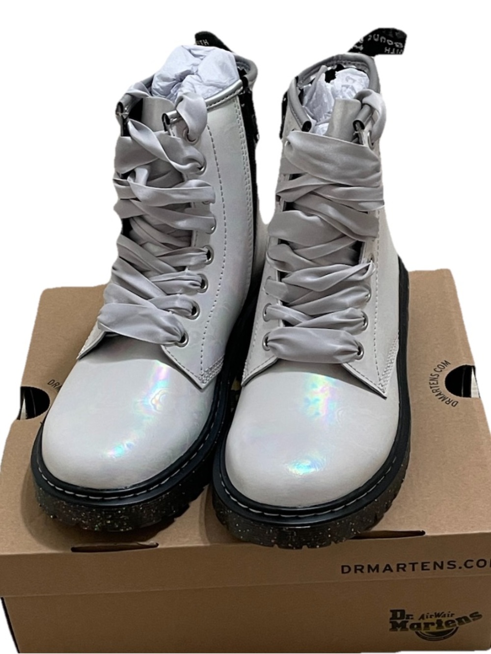 Dr. Martens Opalescent Shimmer Lace-Up Combat Boots with Black Soles Size 5